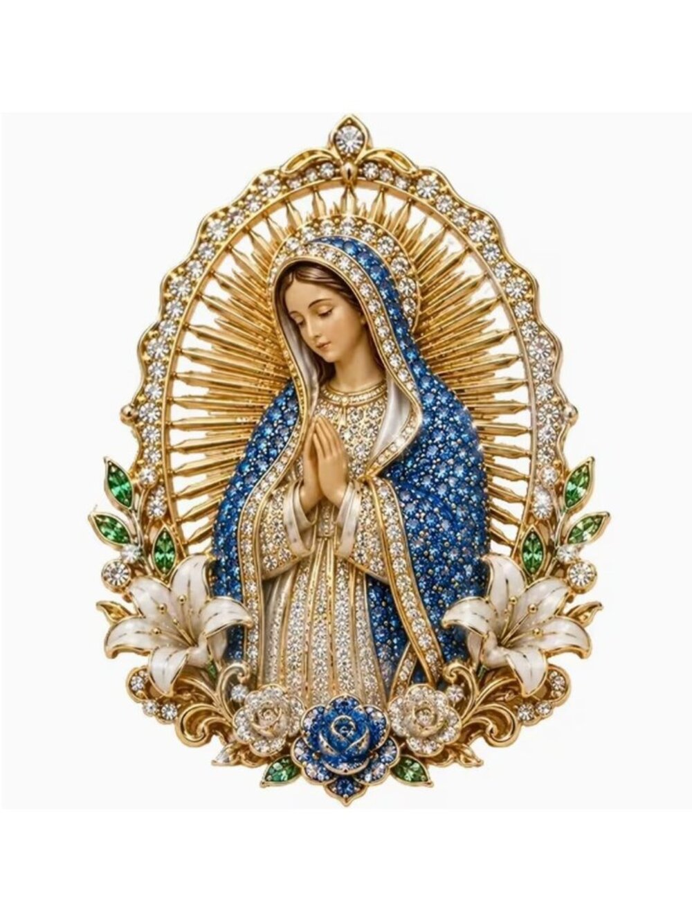 Virgin Mary Gold-Tone Printed Enamel Brooch With Clear Crystals
